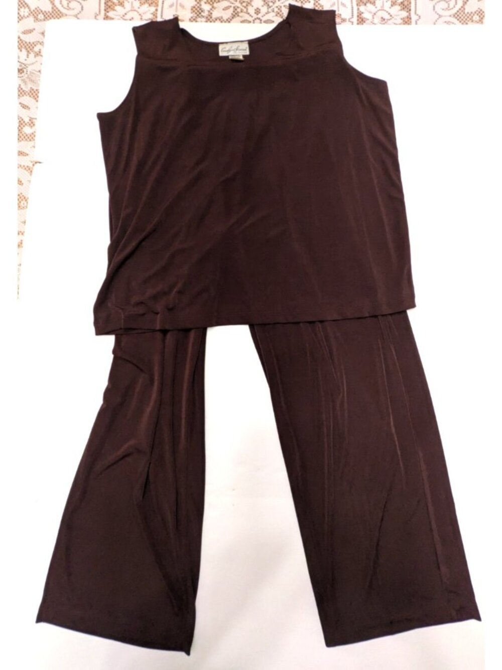 Carolyn Strauss Pull On Pant Tank Set Sz 1X Brown Lightweight Stretch Poly Blend